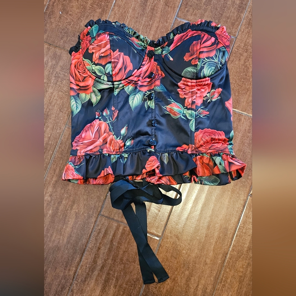 Floral Bustier Crop Top with Ruffle Hem - Sugar Thrillz - XL